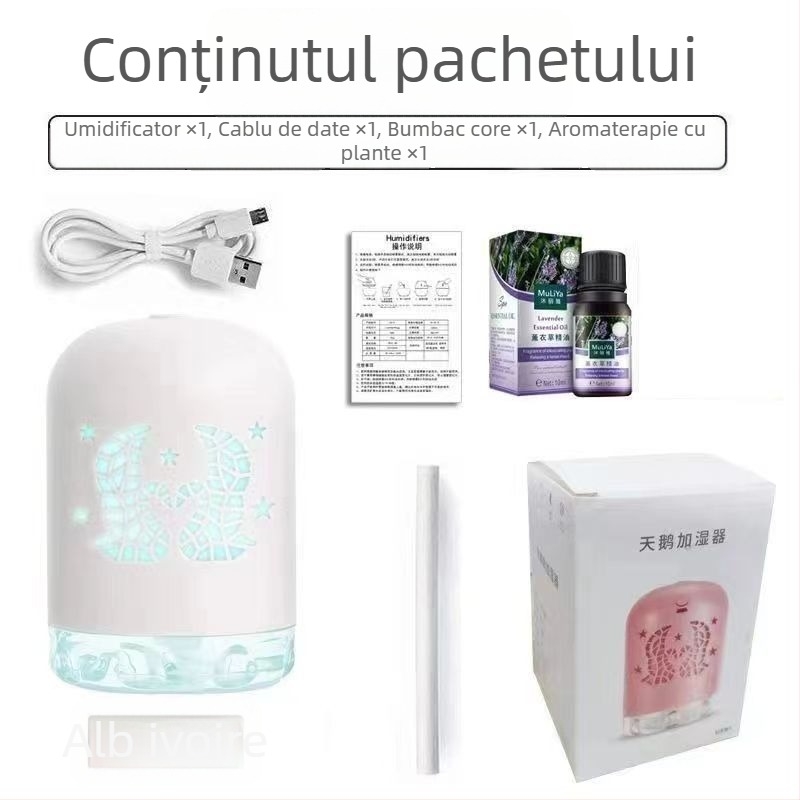 Umidificator Mini USB cu LED, design rotund, rezervor 0,5 L, 1 ieșire ceață, alimentare USB, temporizator 8+ ore, funcționare silențioasă