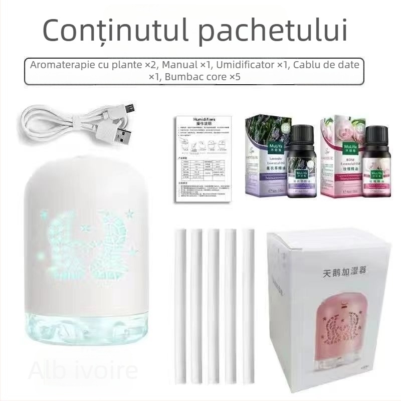 Umidificator Mini USB cu LED, design rotund, rezervor 0,5 L, 1 ieșire ceață, alimentare USB, temporizator 8+ ore, funcționare silențioasă