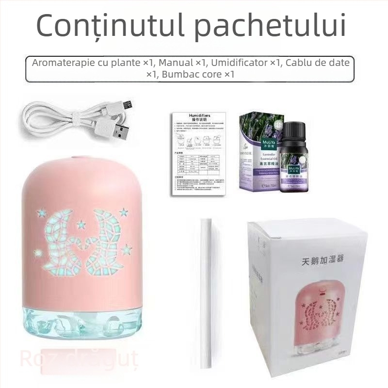 Umidificator Mini USB cu LED, design rotund, rezervor 0,5 L, 1 ieșire ceață, alimentare USB, temporizator 8+ ore, funcționare silențioasă