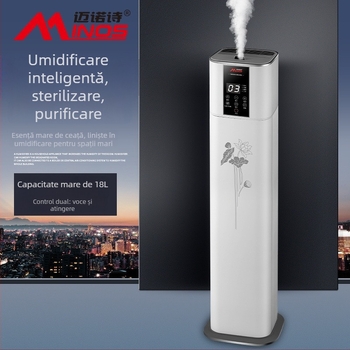 Umidificator și purificator de aer cu control vocal, model pe podea, debit de aer 400 m³/h, potrivit pentru camere de 61 m² sau mai mari, alimentare cu baterie de litiu, reglare ozon