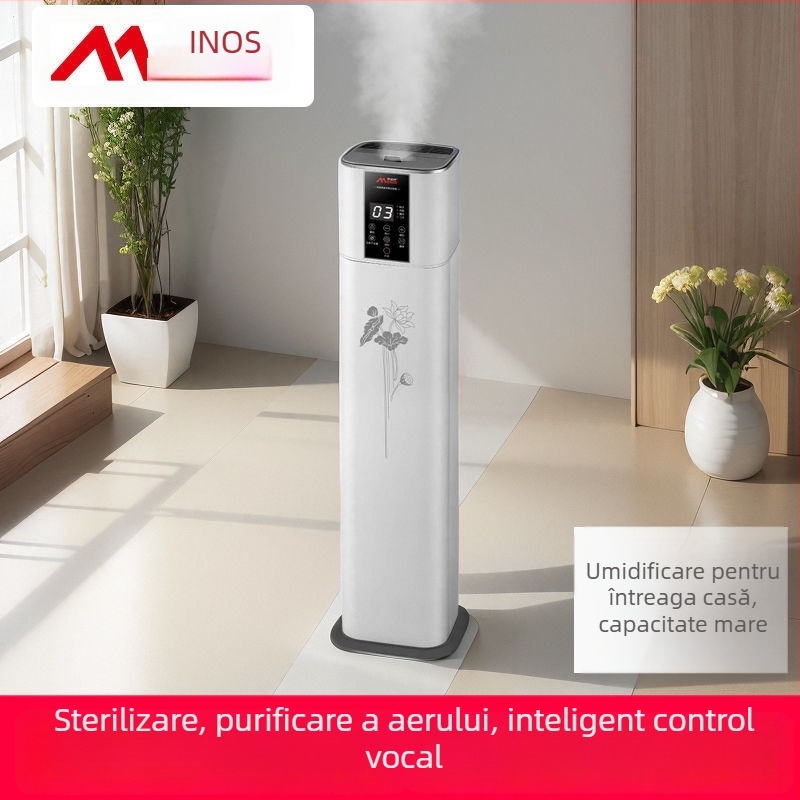 Umidificator și purificator de aer cu control vocal, model pe podea, debit de aer 400 m³/h, potrivit pentru camere de 61 m² sau mai mari, alimentare cu baterie de litiu, reglare ozon