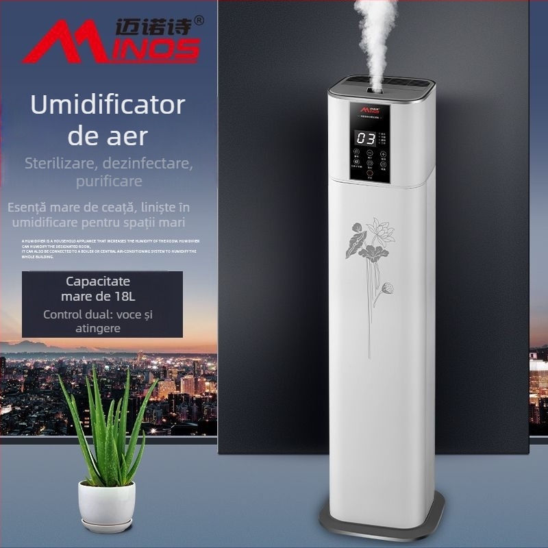 Umidificator și purificator de aer cu control vocal, model pe podea, debit de aer 400 m³/h, potrivit pentru camere de 61 m² sau mai mari, alimentare cu baterie de litiu, reglare ozon