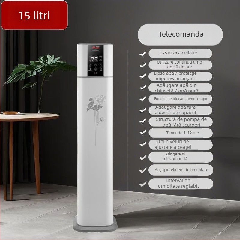 Umidificator și purificator de aer cu control vocal, model pe podea, debit de aer 400 m³/h, potrivit pentru camere de 61 m² sau mai mari, alimentare cu baterie de litiu, reglare ozon