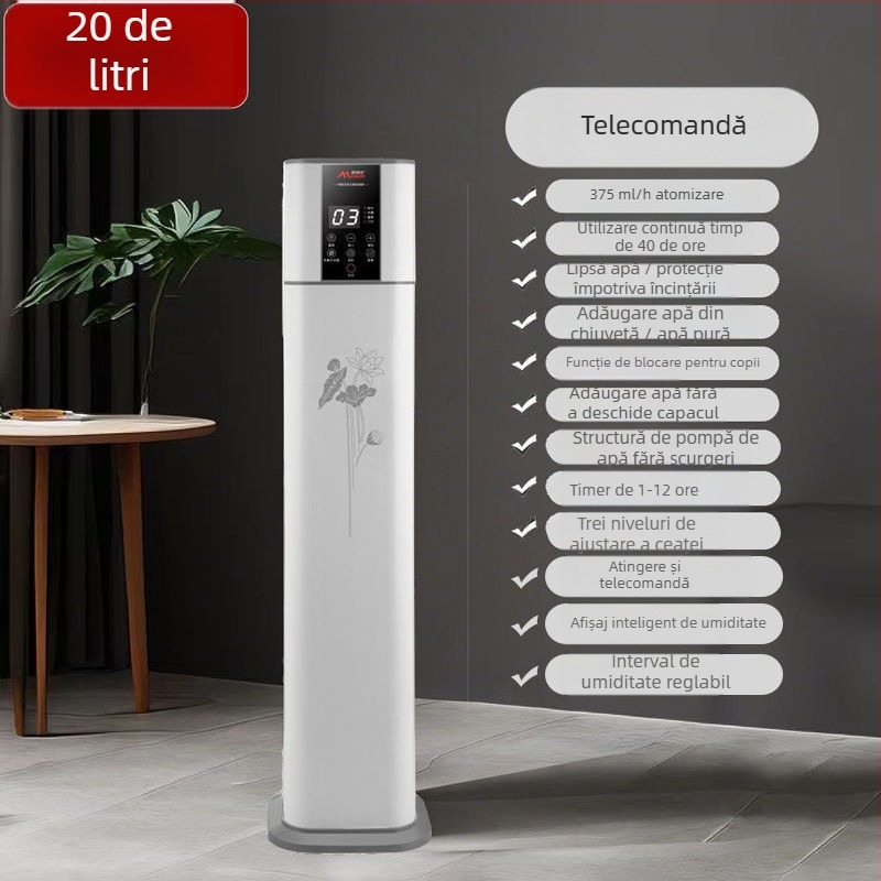 Umidificator și purificator de aer cu control vocal, model pe podea, debit de aer 400 m³/h, potrivit pentru camere de 61 m² sau mai mari, alimentare cu baterie de litiu, reglare ozon