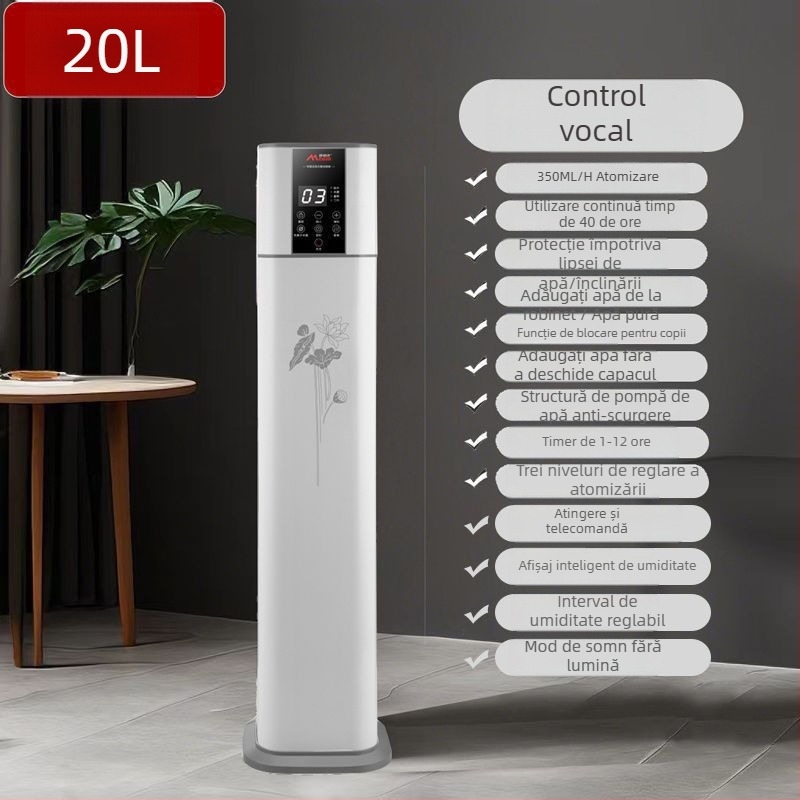 Umidificator și purificator de aer cu control vocal, model pe podea, debit de aer 400 m³/h, potrivit pentru camere de 61 m² sau mai mari, alimentare cu baterie de litiu, reglare ozon