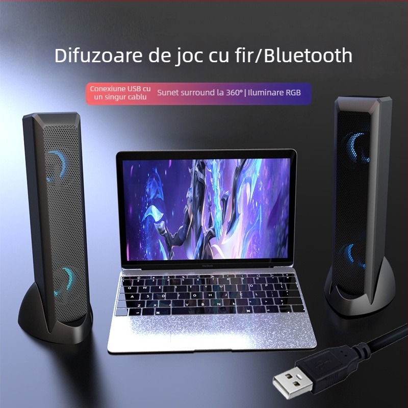 Boxe de birou USB pentru jocuri, cu iluminare RGB, configurație cu 4 difuzoare, 5W putere, sunet surround 3D/virtual