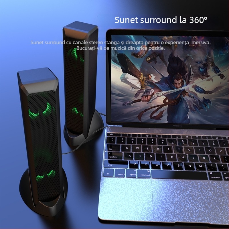 Boxe de birou USB pentru jocuri, cu iluminare RGB, configurație cu 4 difuzoare, 5W putere, sunet surround 3D/virtual