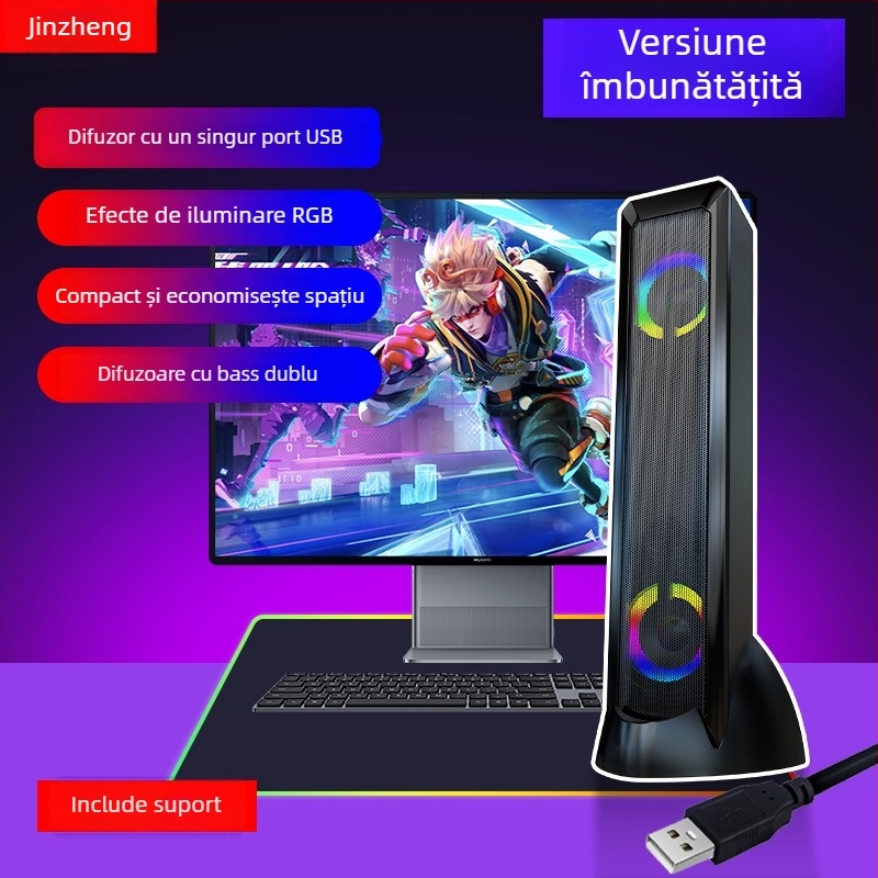 Boxe de birou USB pentru jocuri, cu iluminare RGB, configurație cu 4 difuzoare, 5W putere, sunet surround 3D/virtual