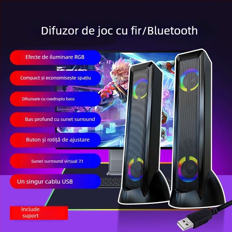 Boxe de birou USB pentru jocuri, cu iluminare RGB, configurație cu 4 difuzoare, 5W putere, sunet surround 3D/virtual