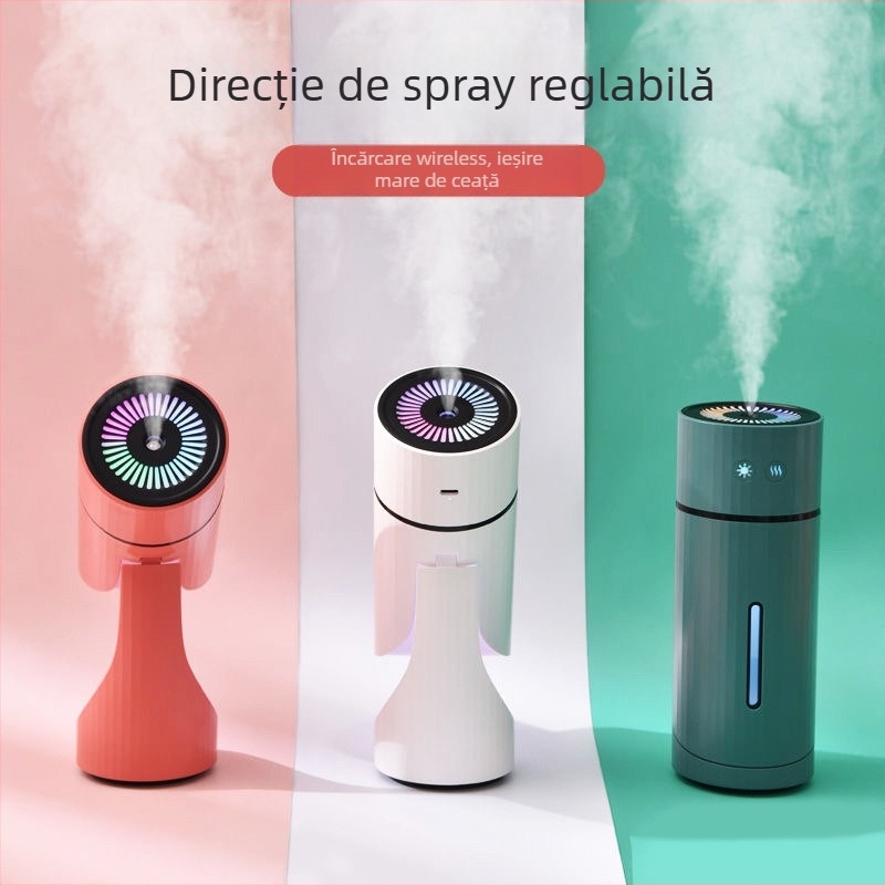 Umidificator USB rotativ pentru birou/mașină, 3 ieșiri de ceață, funcționare silențioasă, iluminare de noapte, rezervor 0,5–1 L