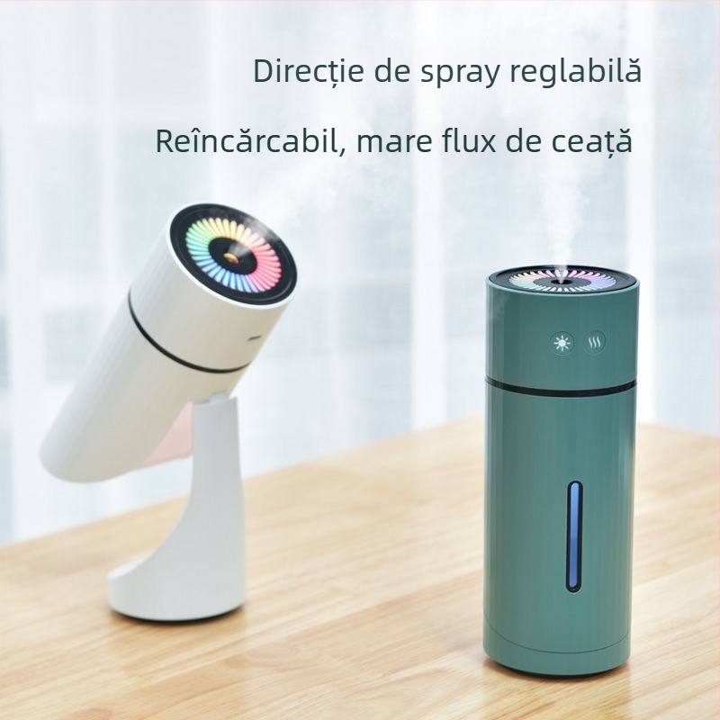 Umidificator USB rotativ pentru birou/mașină, 3 ieșiri de ceață, funcționare silențioasă, iluminare de noapte, rezervor 0,5–1 L