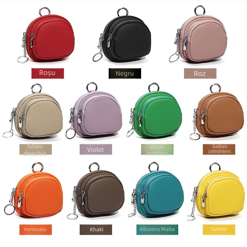 Portofel pentru monede pentru femei cu fermoar dublu – piele naturală, primul strat de piele de vițel, capacitate mare