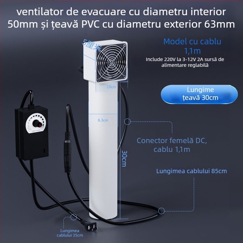 Ventilator fără găurire pentru gaura de la aer condiționat — dormitor, eliminare mirosuri și formaldehidă, zgomot 36–45 dB