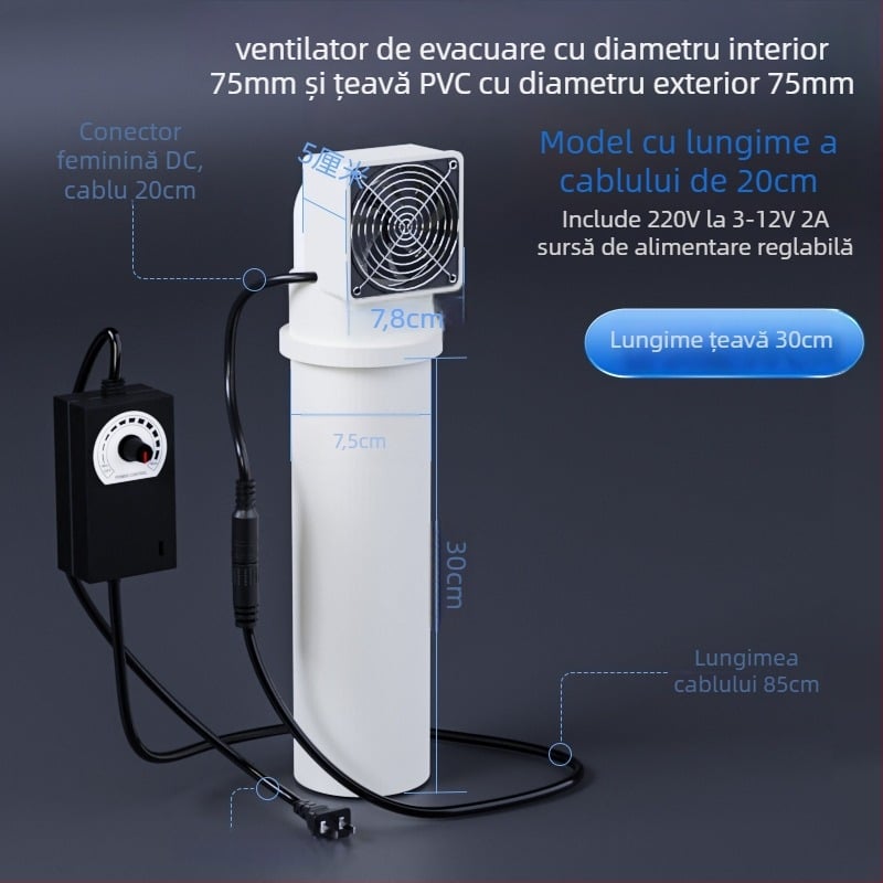 Ventilator fără găurire pentru gaura de la aer condiționat — dormitor, eliminare mirosuri și formaldehidă, zgomot 36–45 dB