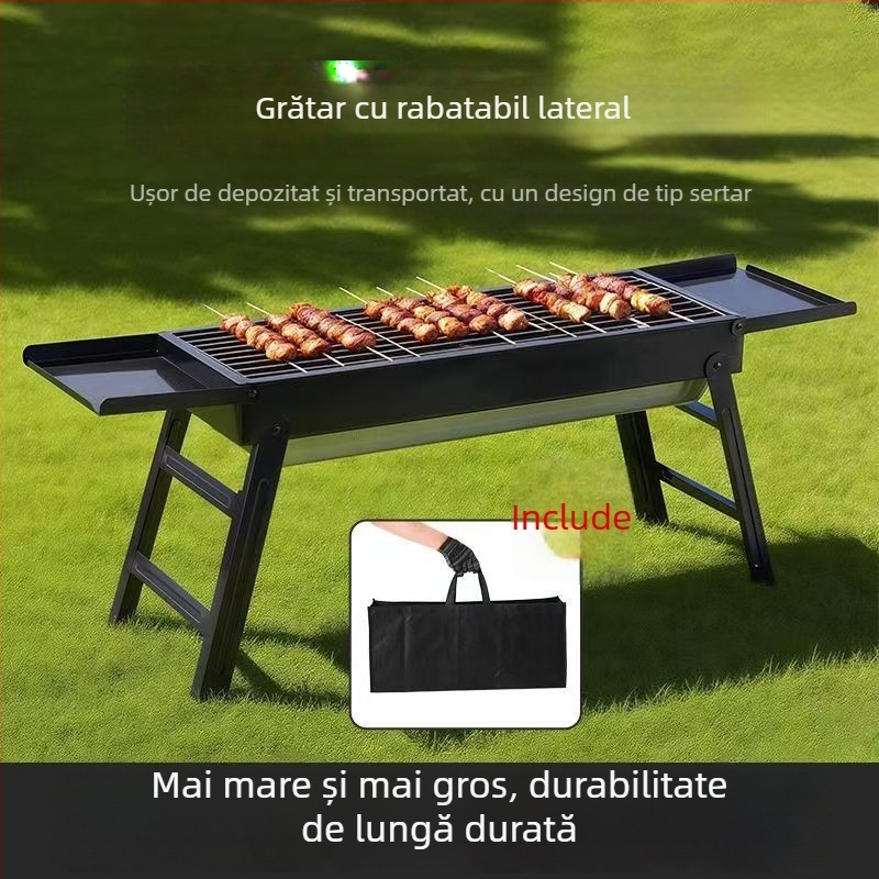 Grill portabil exterior din oțel carbon – grătar cu cărbuni, formă dreptunghiulară, pliabil cu sertar, fără alimentare electrică