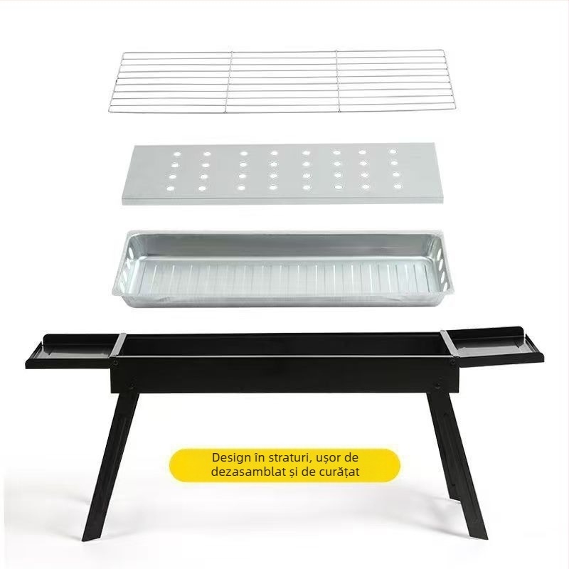 Grill portabil exterior din oțel carbon – grătar cu cărbuni, formă dreptunghiulară, pliabil cu sertar, fără alimentare electrică