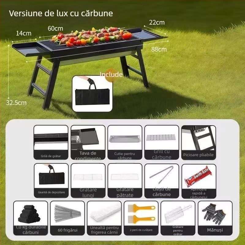 Grill portabil exterior din oțel carbon – grătar cu cărbuni, formă dreptunghiulară, pliabil cu sertar, fără alimentare electrică