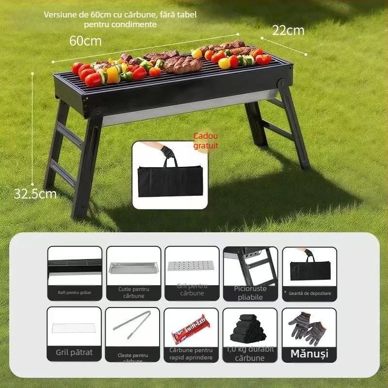 Grill portabil exterior din oțel carbon – grătar cu cărbuni, formă dreptunghiulară, pliabil cu sertar, fără alimentare electrică