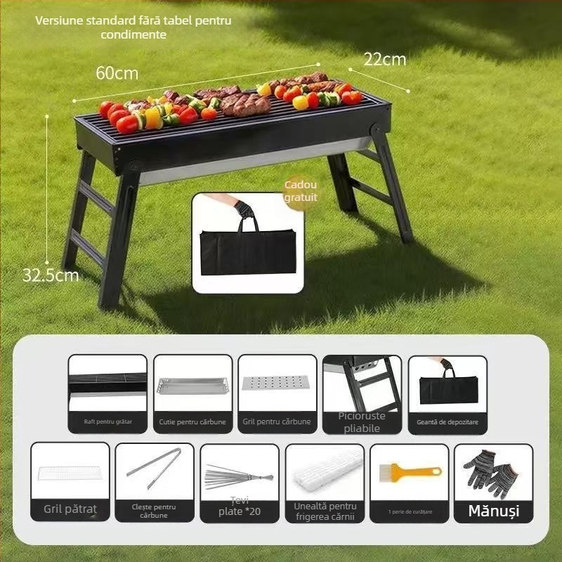 Grill portabil exterior din oțel carbon – grătar cu cărbuni, formă dreptunghiulară, pliabil cu sertar, fără alimentare electrică