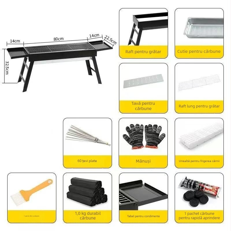 Grill portabil exterior din oțel carbon – grătar cu cărbuni, formă dreptunghiulară, pliabil cu sertar, fără alimentare electrică