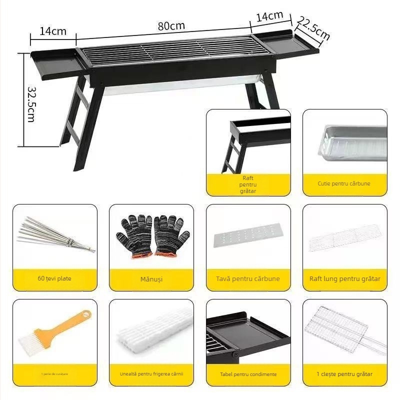 Grill portabil exterior din oțel carbon – grătar cu cărbuni, formă dreptunghiulară, pliabil cu sertar, fără alimentare electrică