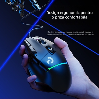 Mouse de gaming cu senzor optic 12000 DPI, 10 taste programabile, conexiune USB cablată, design ergonomic, macro-programabil.