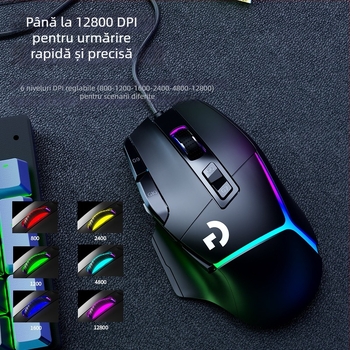 Mouse de gaming cu senzor optic 12000 DPI, 10 taste programabile, conexiune USB cablată, design ergonomic, macro-programabil.
