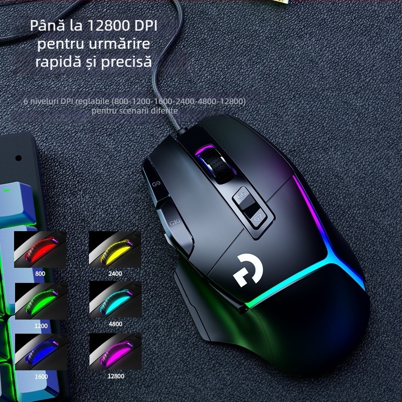 Mouse de gaming cu senzor optic 12000 DPI, 10 taste programabile, conexiune USB cablată, design ergonomic, macro-programabil.