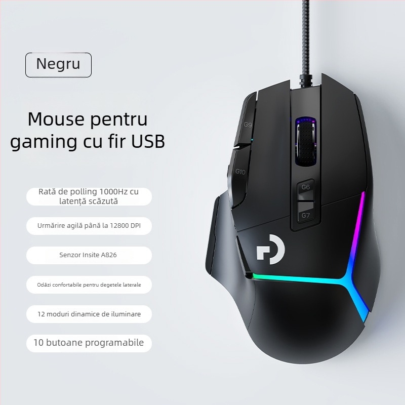 Mouse de gaming cu senzor optic 12000 DPI, 10 taste programabile, conexiune USB cablată, design ergonomic, macro-programabil.