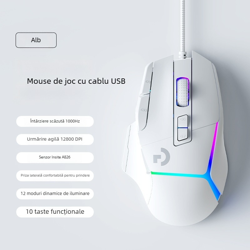 Mouse de gaming cu senzor optic 12000 DPI, 10 taste programabile, conexiune USB cablată, design ergonomic, macro-programabil.