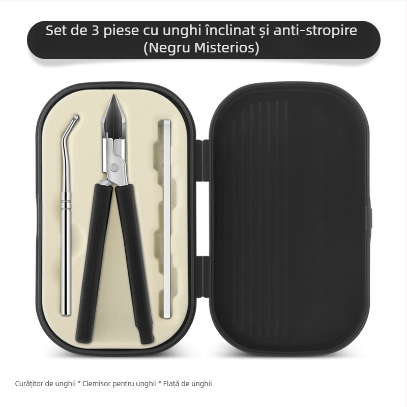 Set de 3 piese pentru unghii din oțel inoxidabil, cu vârf înclinat și protecție împotriva stropirilor, include pila de unghii din sticlă