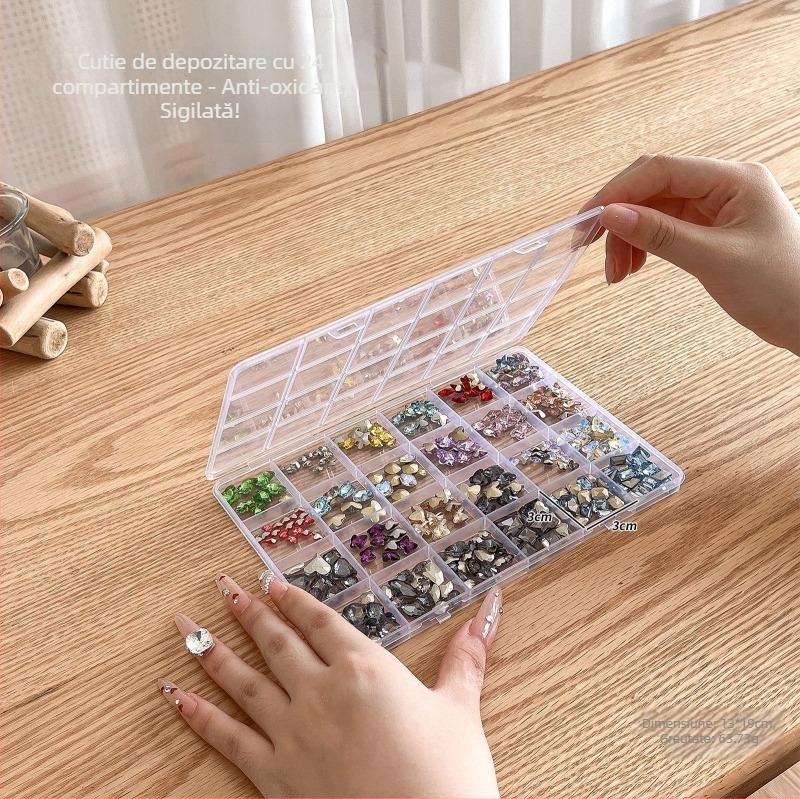 Cutie transparentă cu 28 compartimente pentru depozitarea unghiilor și a bijuteriilor, capac sigilat cu clapă, din rășină