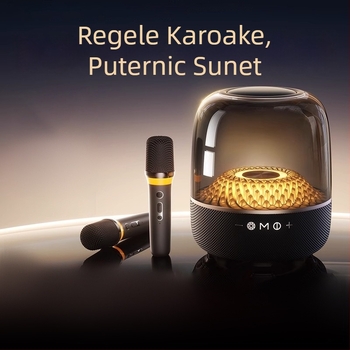Sistem de karaoke pentru casă cu Bluetooth 5.0 și microfon wireless integrat, baterie încorporată de 6000 mAh, putere 130W, interval de frecvență 100 Hz–20 kHz, SNR ≥70 dB