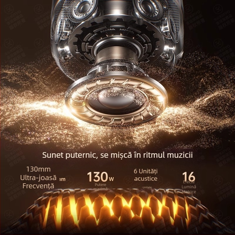 Sistem de karaoke pentru casă cu Bluetooth 5.0 și microfon wireless integrat, baterie încorporată de 6000 mAh, putere 130W, interval de frecvență 100 Hz–20 kHz, SNR ≥70 dB
