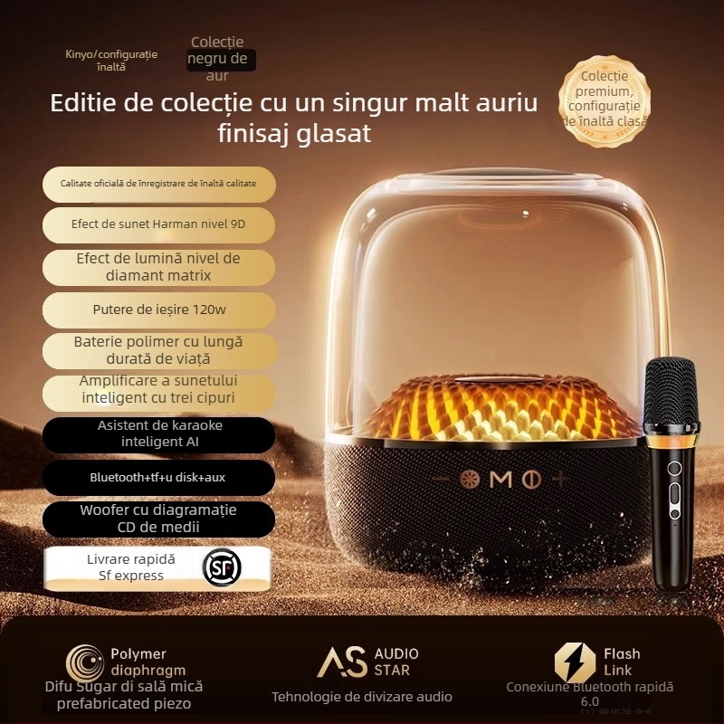 Sistem de karaoke pentru casă cu Bluetooth 5.0 și microfon wireless integrat, baterie încorporată de 6000 mAh, putere 130W, interval de frecvență 100 Hz–20 kHz, SNR ≥70 dB