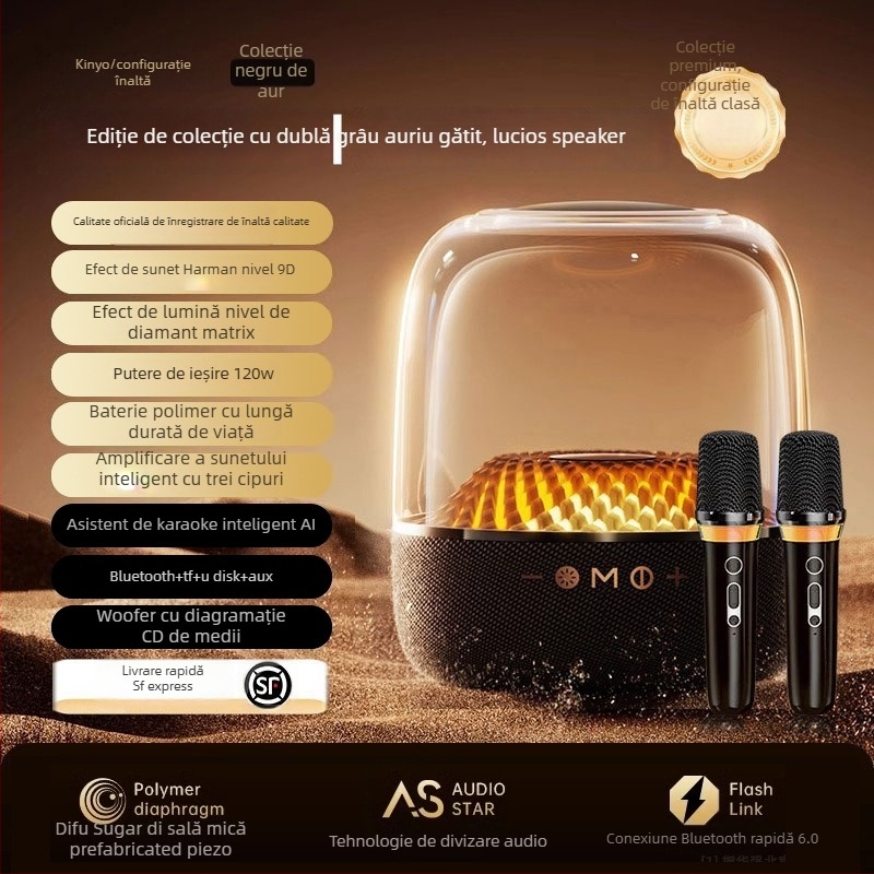 Sistem de karaoke pentru casă cu Bluetooth 5.0 și microfon wireless integrat, baterie încorporată de 6000 mAh, putere 130W, interval de frecvență 100 Hz–20 kHz, SNR ≥70 dB