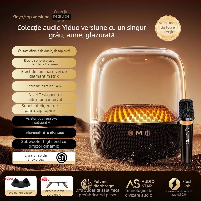 Sistem de karaoke pentru casă cu Bluetooth 5.0 și microfon wireless integrat, baterie încorporată de 6000 mAh, putere 130W, interval de frecvență 100 Hz–20 kHz, SNR ≥70 dB