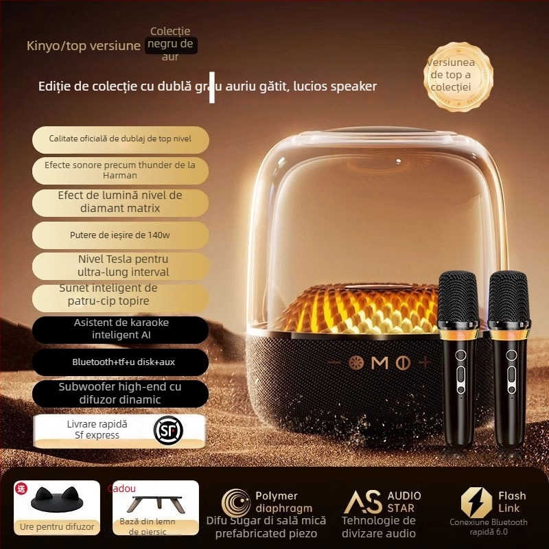 Sistem de karaoke pentru casă cu Bluetooth 5.0 și microfon wireless integrat, baterie încorporată de 6000 mAh, putere 130W, interval de frecvență 100 Hz–20 kHz, SNR ≥70 dB