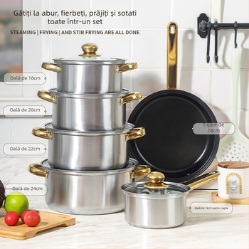 Set 12 piese de vase din oțel inoxidabil (410) cu capace din sticlă, design fără fum, potrivit pentru aragazuri obișnuite