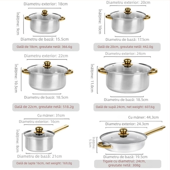 Set 12 piese de vase din oțel inoxidabil (410) cu capace din sticlă, design fără fum, potrivit pentru aragazuri obișnuite