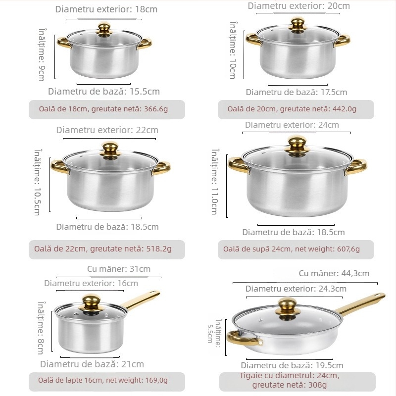 Set 12 piese de vase din oțel inoxidabil (410) cu capace din sticlă, design fără fum, potrivit pentru aragazuri obișnuite