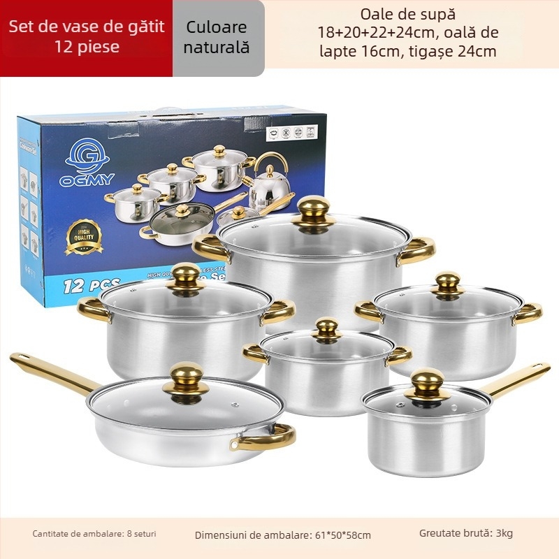 Set 12 piese de vase din oțel inoxidabil (410) cu capace din sticlă, design fără fum, potrivit pentru aragazuri obișnuite