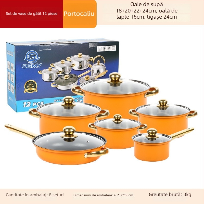 Set 12 piese de vase din oțel inoxidabil (410) cu capace din sticlă, design fără fum, potrivit pentru aragazuri obișnuite