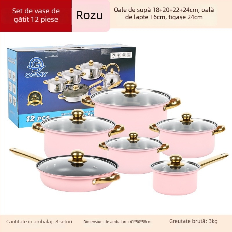 Set 12 piese de vase din oțel inoxidabil (410) cu capace din sticlă, design fără fum, potrivit pentru aragazuri obișnuite