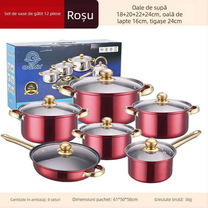 Set 12 piese de vase din oțel inoxidabil (410) cu capace din sticlă, design fără fum, potrivit pentru aragazuri obișnuite