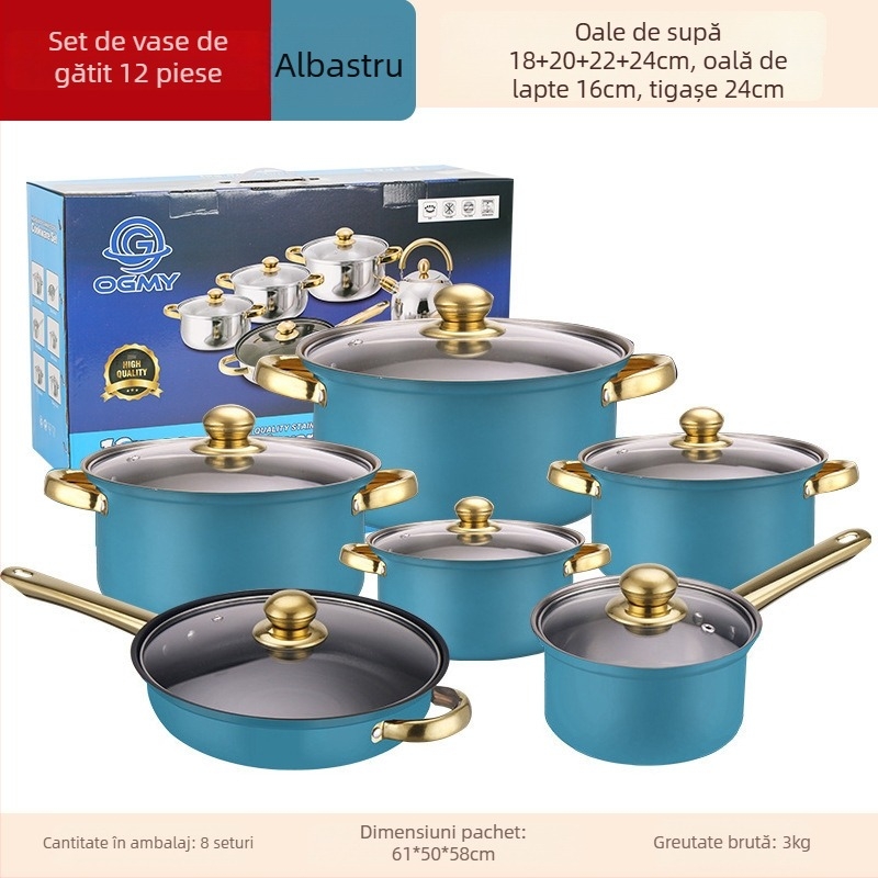 Set 12 piese de vase din oțel inoxidabil (410) cu capace din sticlă, design fără fum, potrivit pentru aragazuri obișnuite