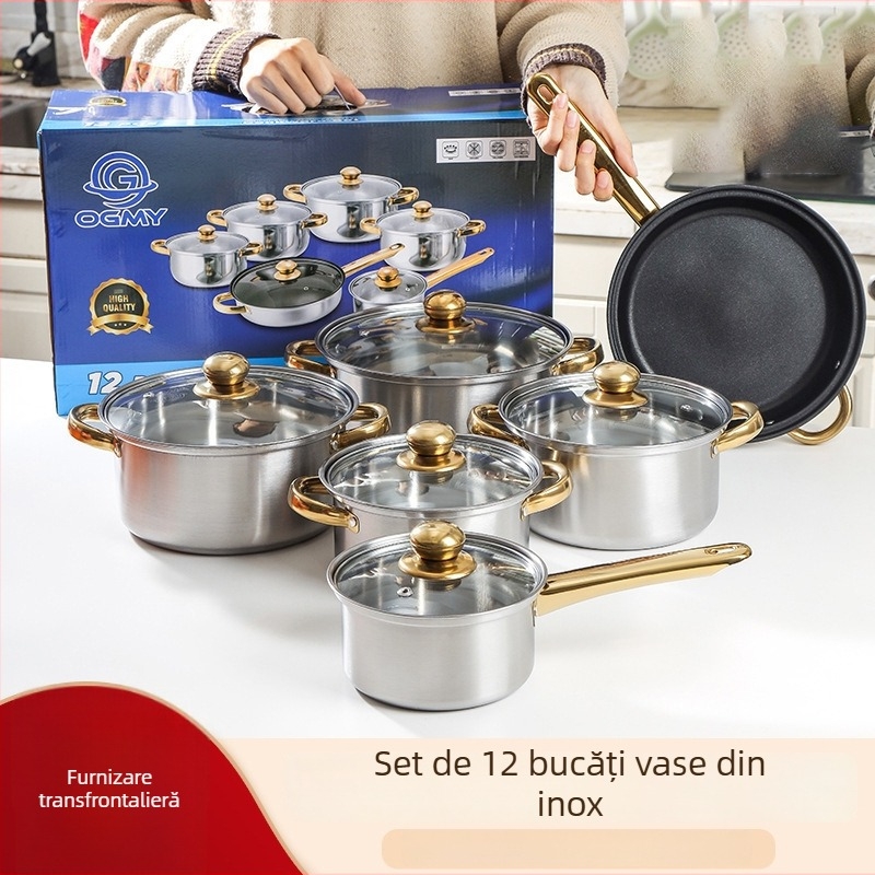 Set 12 piese de vase din oțel inoxidabil (410) cu capace din sticlă, design fără fum, potrivit pentru aragazuri obișnuite