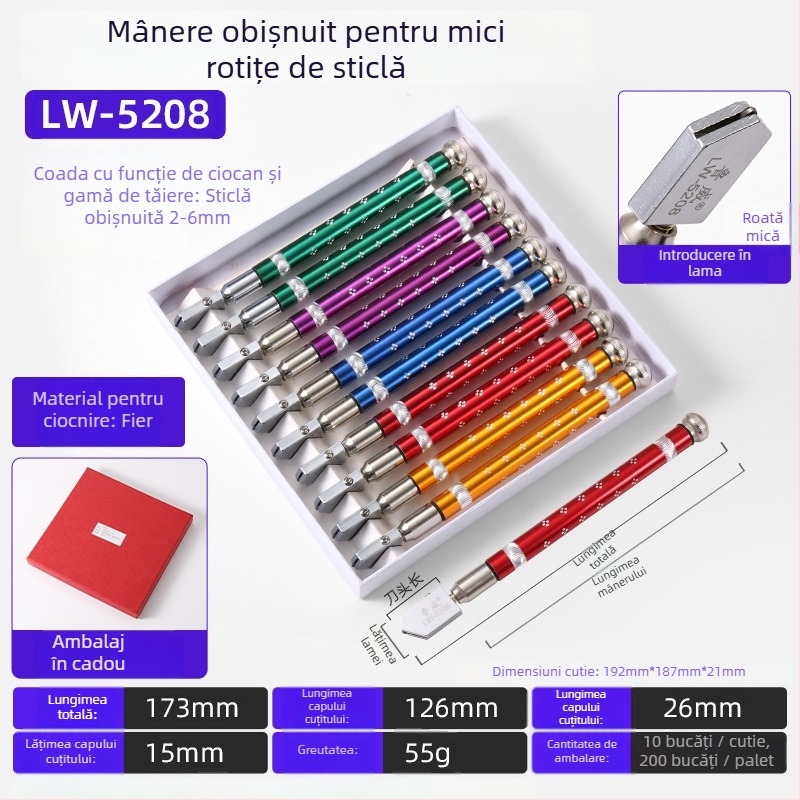 Luwei Cuțit Manual pentru Sticlă, Vârf Diamantat, Tip Rulant, Pentru Sticlă