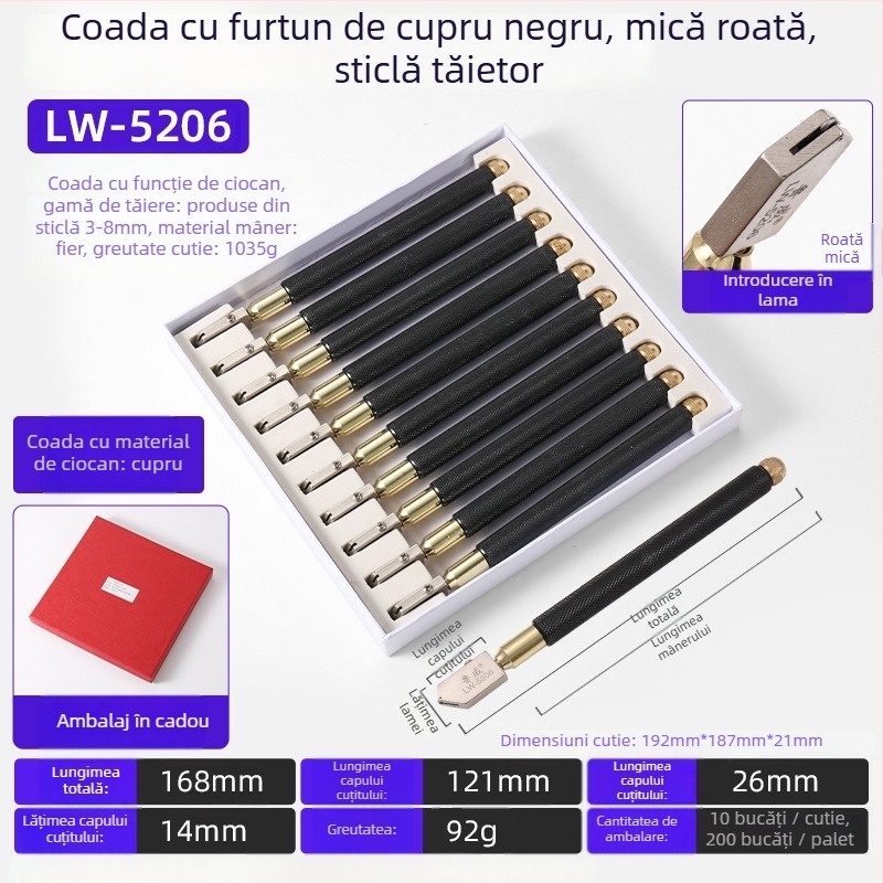 Luwei Cuțit Manual pentru Sticlă, Vârf Diamantat, Tip Rulant, Pentru Sticlă