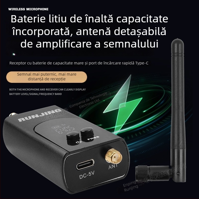 RUNJING R58A Microfon dinamic de mână pentru KTV și transmisii live, interval de frecvențe 60 Hz-15 kHz, SNR ≥85 dB, baterie 1000-1200 mAh înlocuibilă, autonomie 6-8 ore